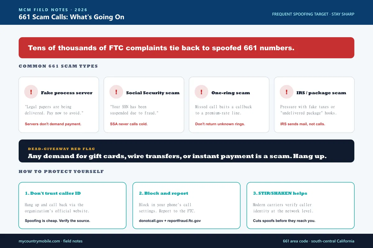 661 scam call patterns — common spoofed call types including fake process server, Social Security threats, one-ring scams, and IRS impersonations, plus how to protect yourself