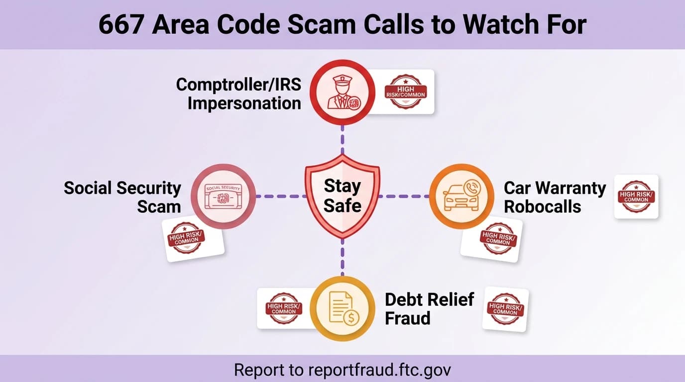 667 area code scam calls infographic showing fake Comptroller and IRS impersonation, extended car warranty robocalls, debt relief fraud, and Social Security suspension scams targeting Baltimore and Eastern Shore residents
