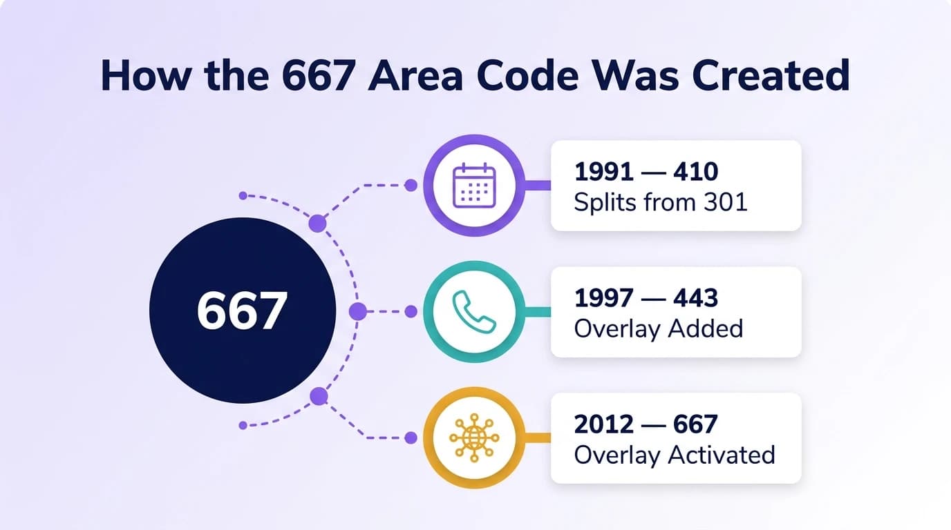 How area code 667 was created — timeline infographic showing the 1991 410 split from 301, the 1997 443 overlay, and the 2012 667 overlay activation in Maryland