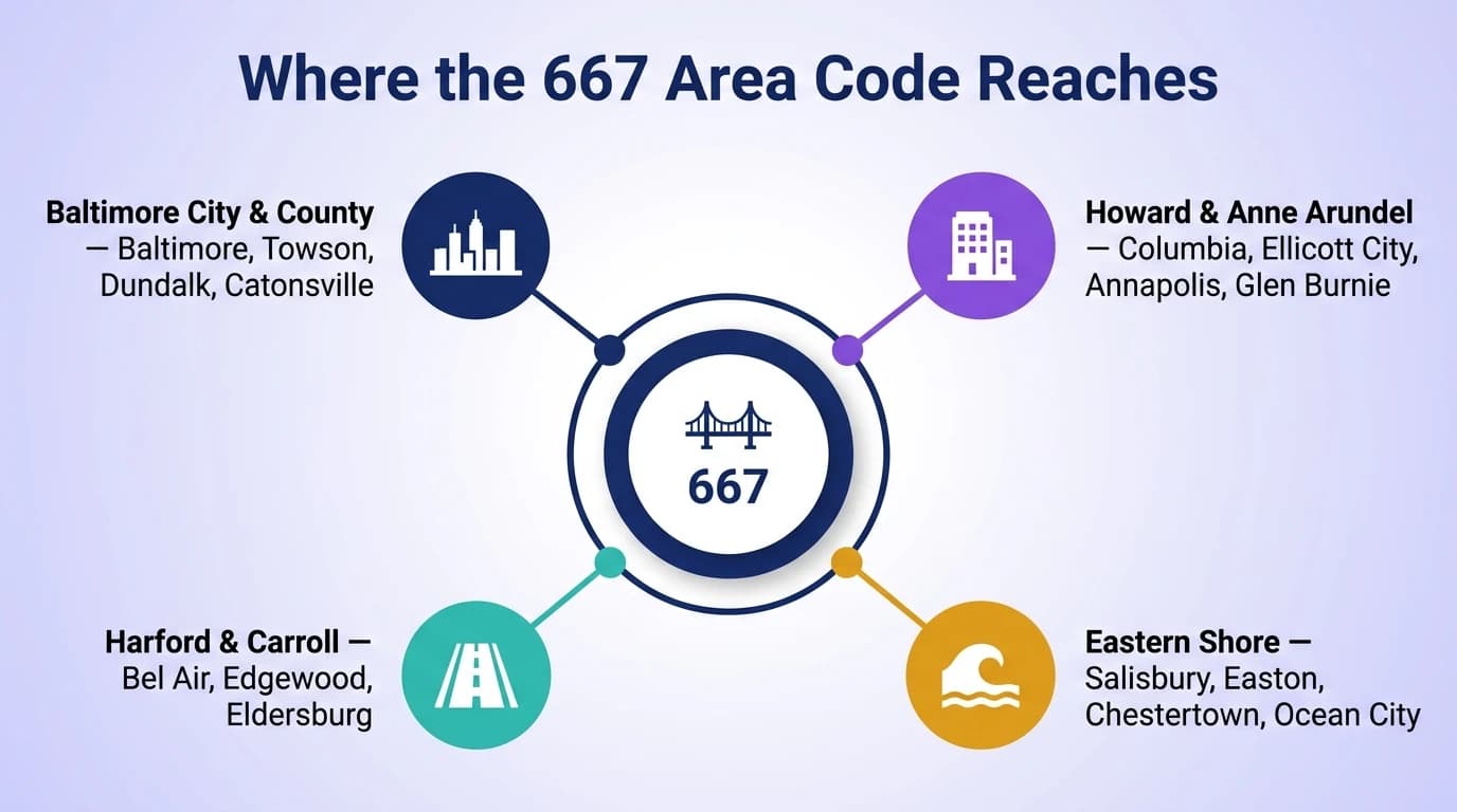 Where the 667 area code reaches — infographic showing Baltimore City, Baltimore County, Howard County, and Eastern Shore counties with city markers for Columbia, Towson, Annapolis, Salisbury, and Easton