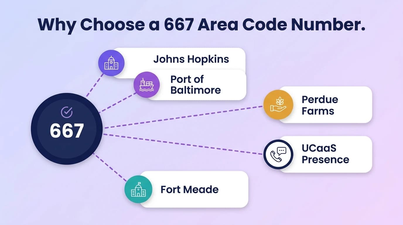 Why a 667 number is good for business — infographic showing Johns Hopkins University, the Port of Baltimore, Fort George G. Meade, Under Armour headquarters, Perdue Farms, and UCaaS virtual Maryland presence
