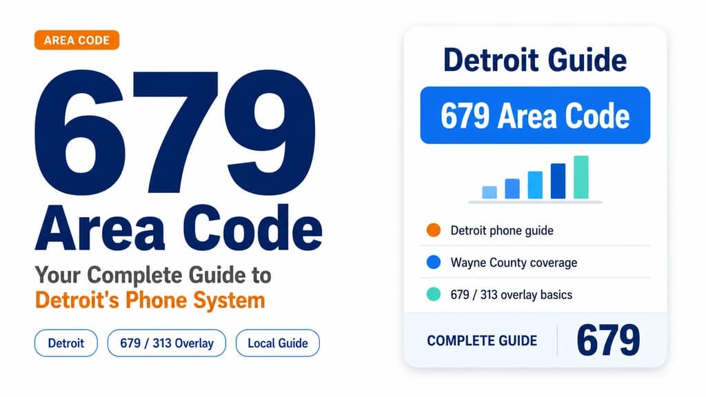 Map of Wayne County with Detroit pinned and a 679 area code badge beside the 313 overlay label