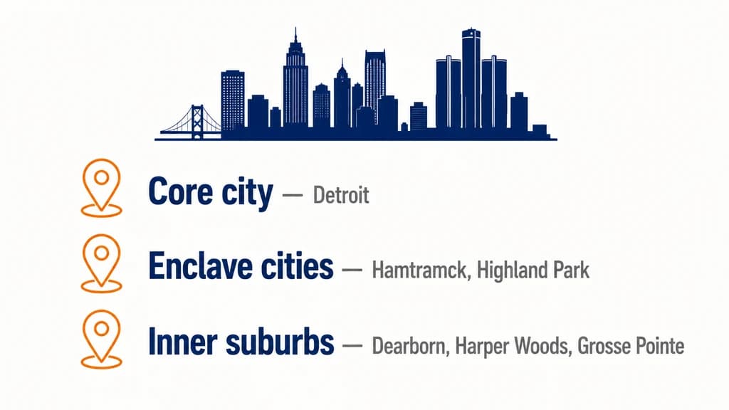 Detroit skyline graphic with a stacked list of Wayne County zones labeled core city, enclave cities, and inner suburbs, each row marked with a small orange location-pin icon