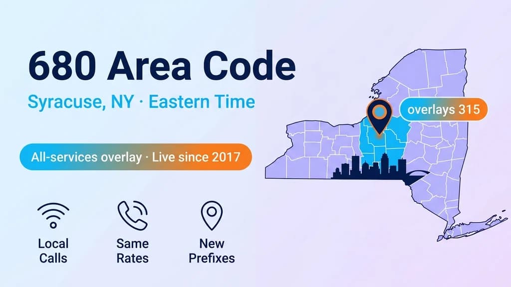 Map of Central New York with Syracuse pinned and a 680 area code badge beside the 315 overlay label