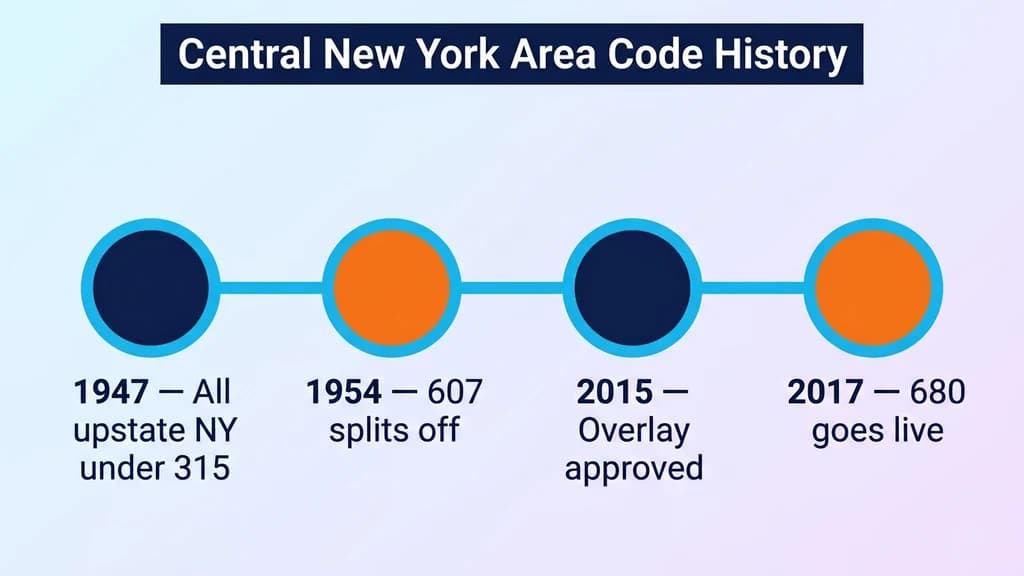 Blue-and-orange circle-node timeline titled Central New York Area Code History with four milestones: 1947 all upstate NY under 315, 1954 607 splits off, 2015 overlay approved, 2017 680 goes live