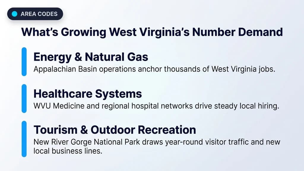 Editorial accent-line list titled What's Growing West Virginia's Number Demand with three blue-barred rows: Energy and Natural Gas, Healthcare Systems, and Tourism and Outdoor Recreation