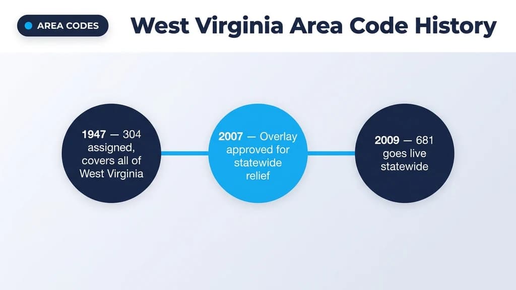 Blue-and-navy circle-node timeline titled West Virginia Area Code History with three milestones: 1947 304 assigned covering all of West Virginia, 2007 overlay approved for statewide relief, 2009 681 goes live statewide