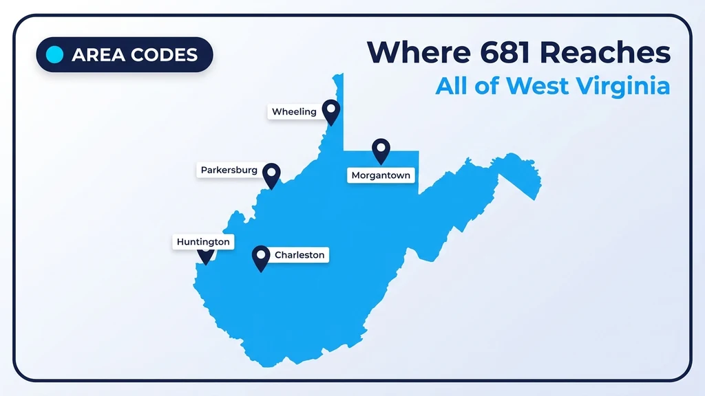Blue silhouette map of West Virginia with navy location pins and white label cards marking Charleston, Huntington, Morgantown, Wheeling, and Parkersburg