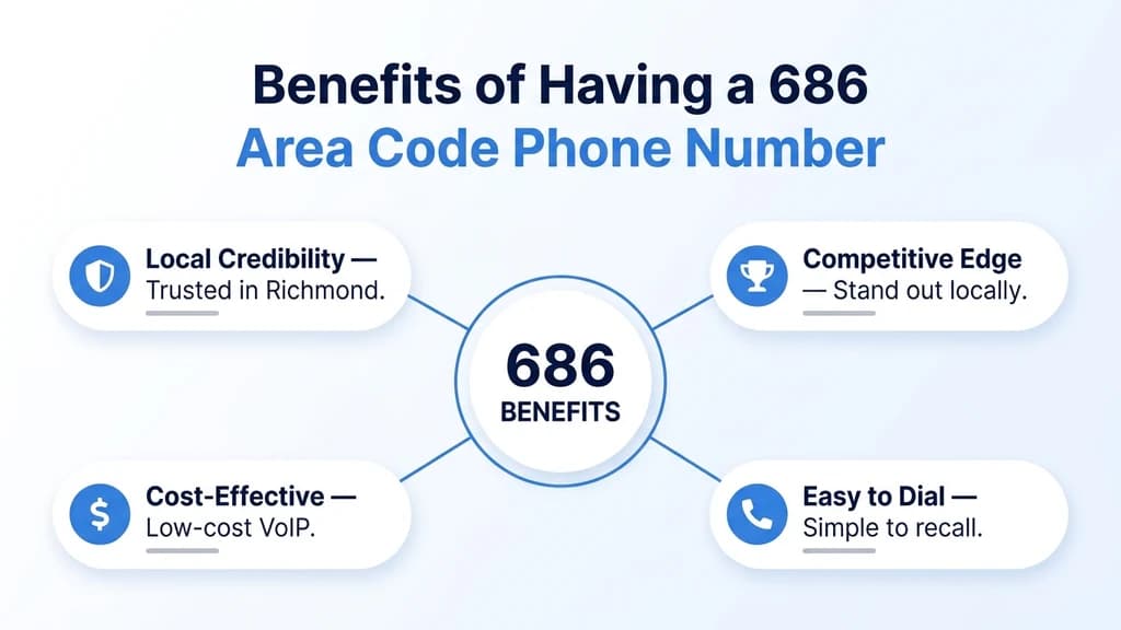 Radial diagram titled Benefits of Having a 686 Area Code Phone Number, with a central 686 Benefits circle connected to four pill cards: local credibility, competitive edge, cost-effective, and easy to dial