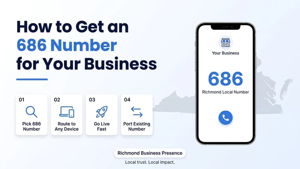 Phone mockup graphic titled How to Get a 686 Number for Your Business, showing a dialer screen with a large 686 local number and four numbered cards: pick 686 number, route to any device, go live fast, port existing number