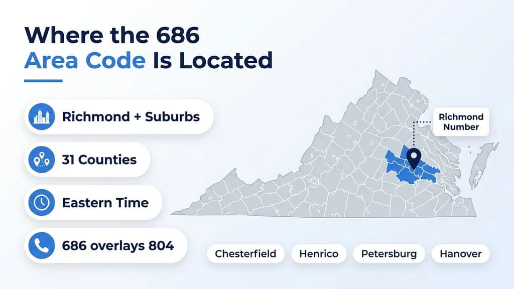 Blue silhouette map of Virginia with white rounded cards listing Richmond and inner suburbs, Northern Neck and Middle Peninsula, Eastern Time, and 686 overlays 804, plus a pin on Richmond