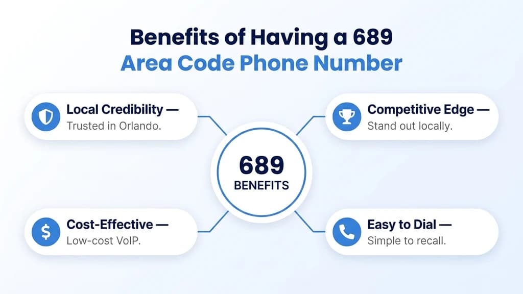Radial diagram titled Benefits of Having a 689 Area Code Phone Number, with a central 689 Benefits circle connected to four pill cards: local credibility, competitive edge, cost-effective, and easy to dial