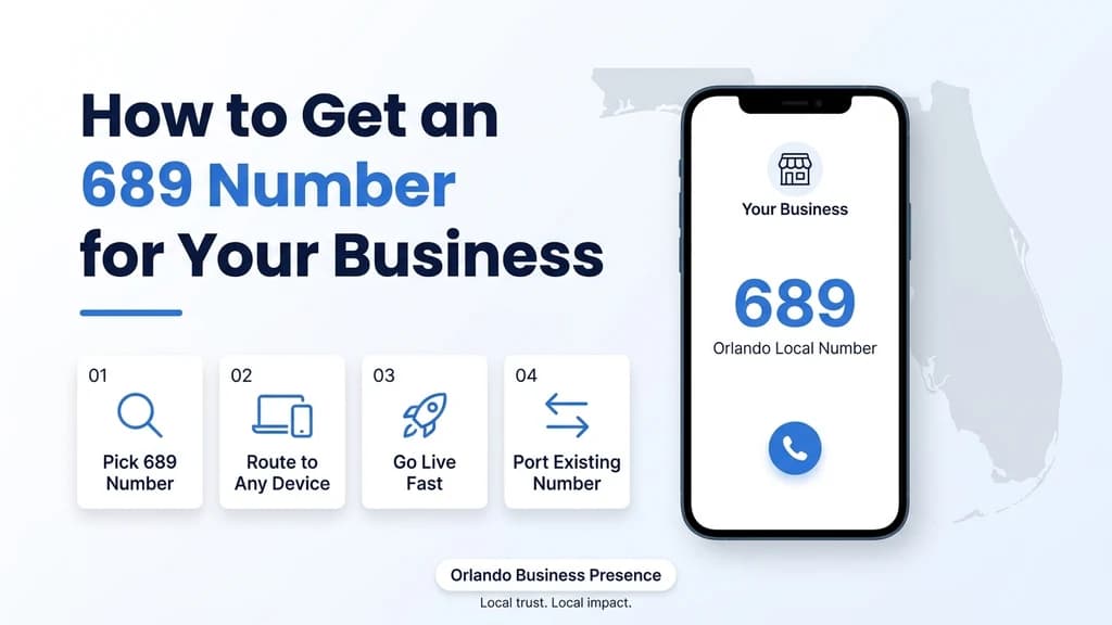 Phone mockup graphic titled How to Get a 689 Number for Your Business, showing a dialer screen with a large 689 local number and four numbered cards: pick 689 number, route to any device, go live fast, port existing number