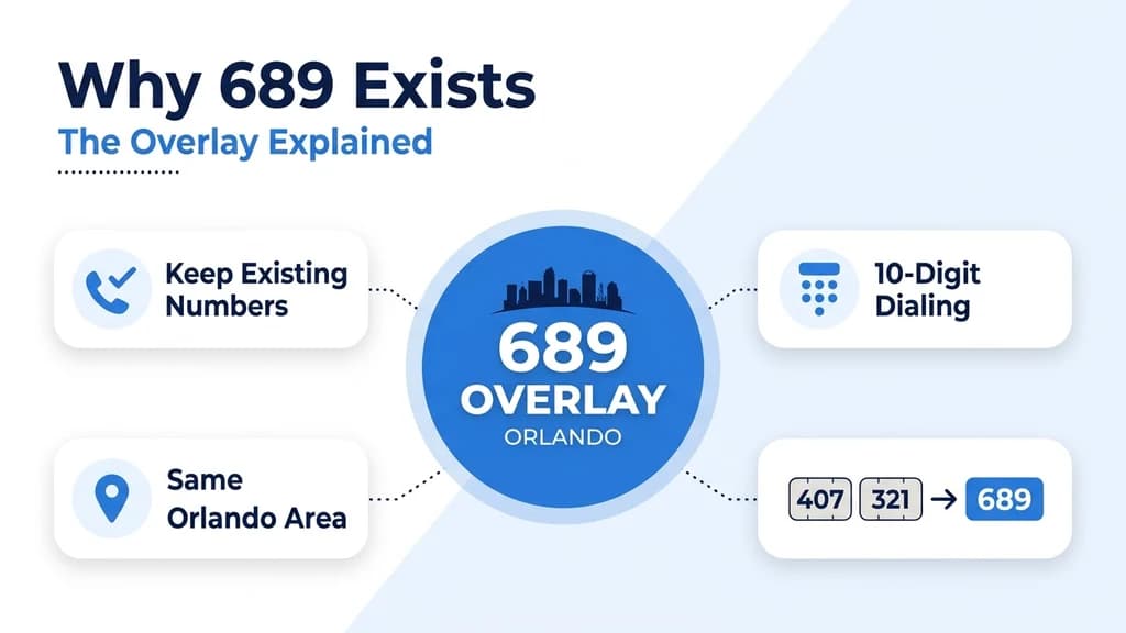 Circular diagram graphic titled Why 689 Exists, The Overlay Explained, with an Orlando skyline inside a 689 overlay badge surrounded by cards for keep existing numbers, 10-digit dialing, same Orlando area, and a 407 321 to 689 chip row