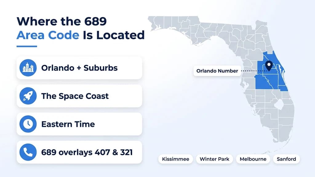 Blue silhouette map of Florida with white rounded cards listing Orlando and inner suburbs, the Space Coast, Eastern Time, and 689 overlays 407 and 321, plus a pin on Orlando