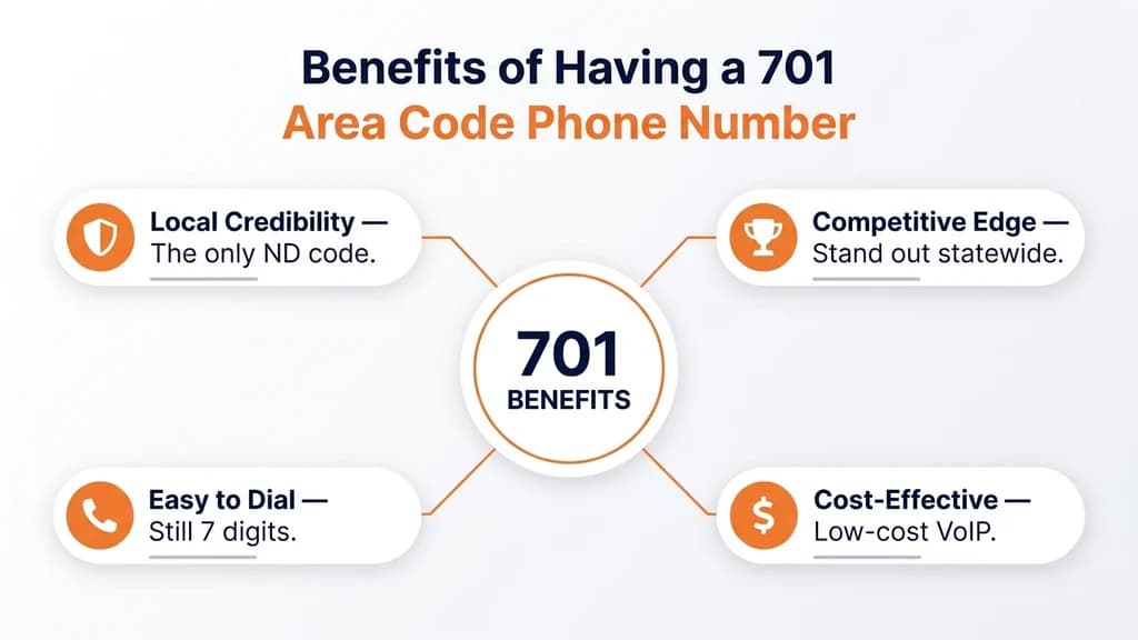 Radial diagram titled Benefits of Having a 701 Area Code Phone Number, with a central 701 Benefits circle connected to four pill cards: local credibility, competitive edge, cost-effective, and easy to dial