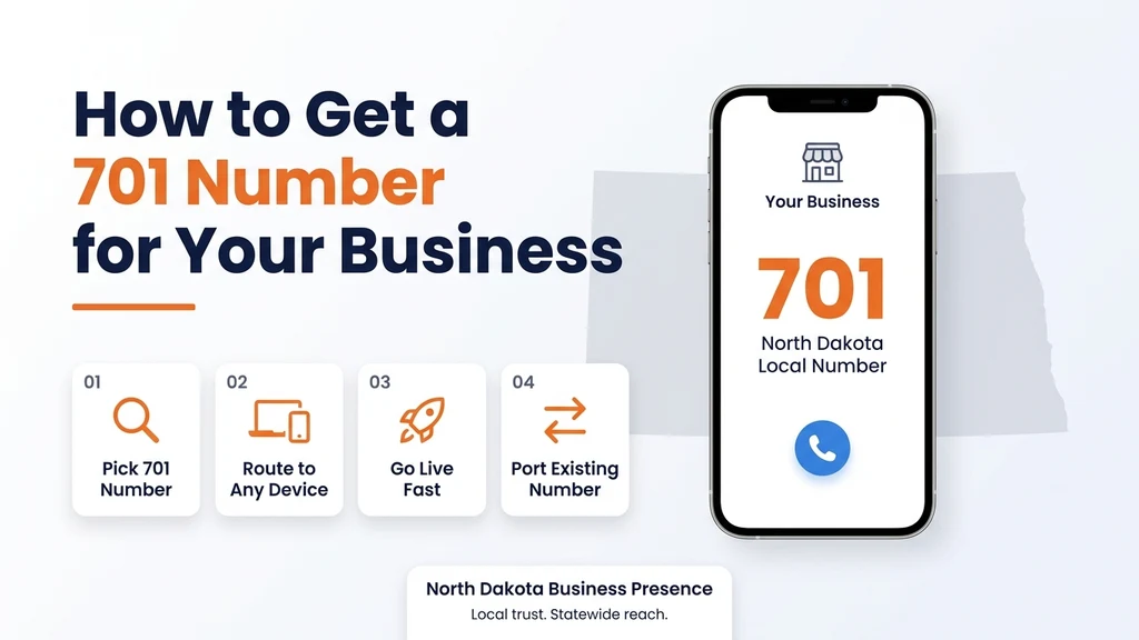 Phone mockup graphic titled How to Get a 701 Number for Your Business, showing a dialer screen with a large 701 local number and four numbered cards: pick 701 number, route to any device, go live fast, port existing number