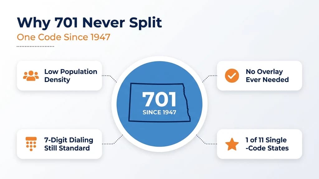 Circular diagram graphic titled Why 701 Never Split, with North Dakota's outline inside a badge surrounded by cards for low population density, no overlay ever needed, seven-digit dialing, and 1947 to today unchanged