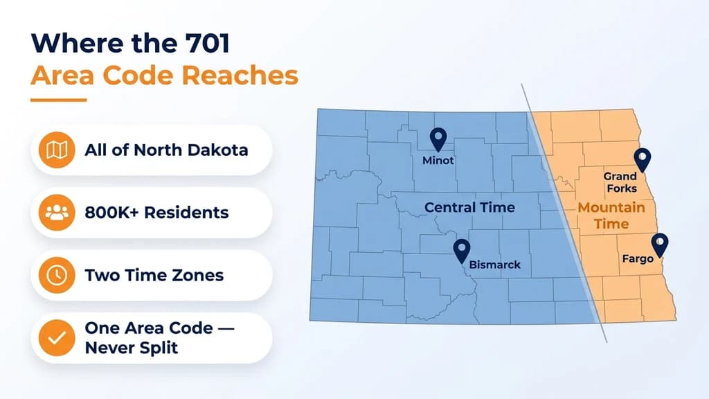 Map of North Dakota with white rounded cards listing statewide coverage, population, two time zones, and single area code, plus a pin near Bismarck