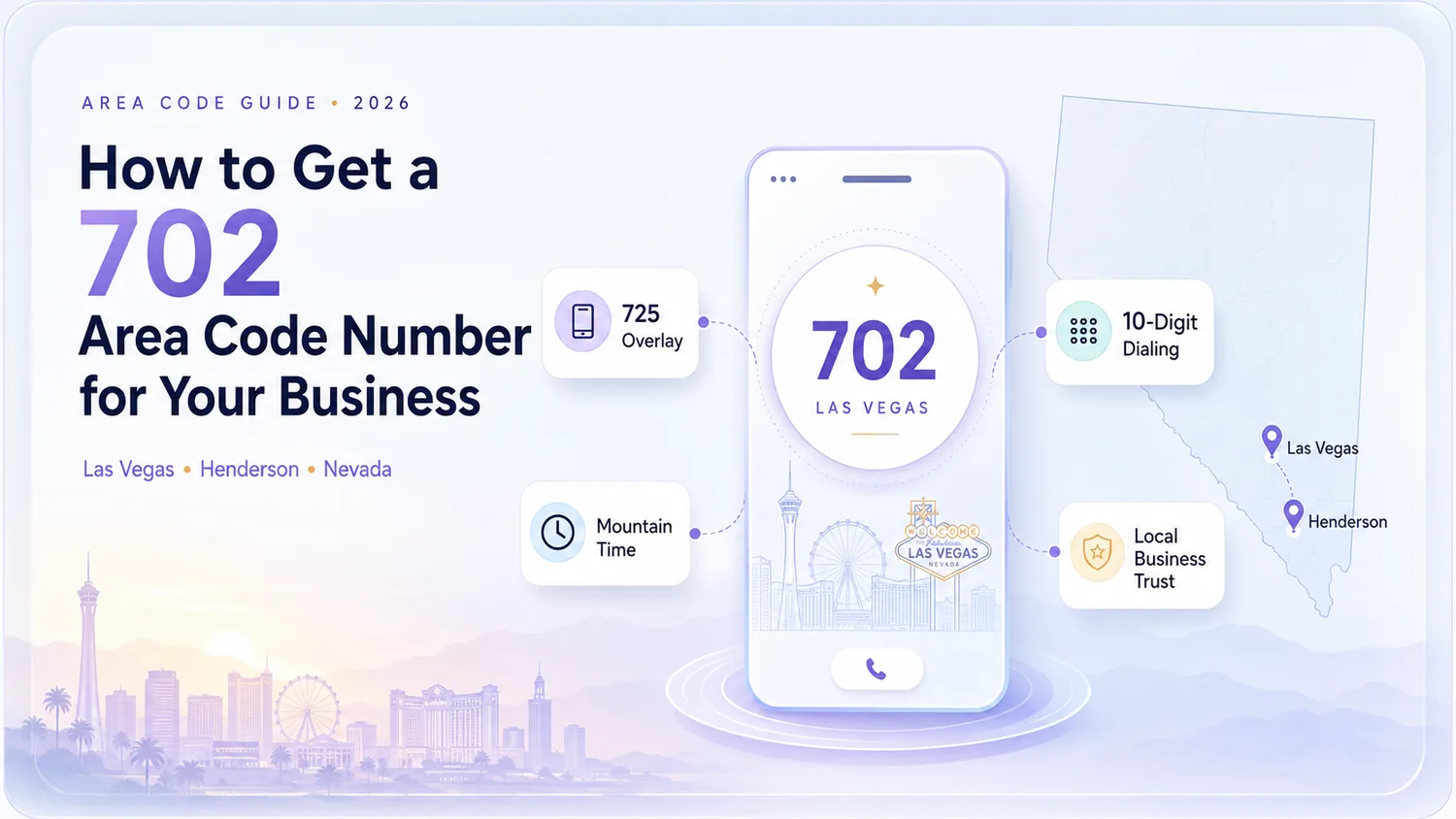 How to Get a 702 Area Code Number for Your Business — Area Code Guide 2026. Las Vegas, Henderson, Nevada. 702 Las Vegas card, 725 Overlay card, 10-Digit Dialing, Mountain Time GMT-7, Local Business Trust, Build Local Trust. Nevada outline showing Las Vegas and Henderson pins. Get Your 702 Number.
