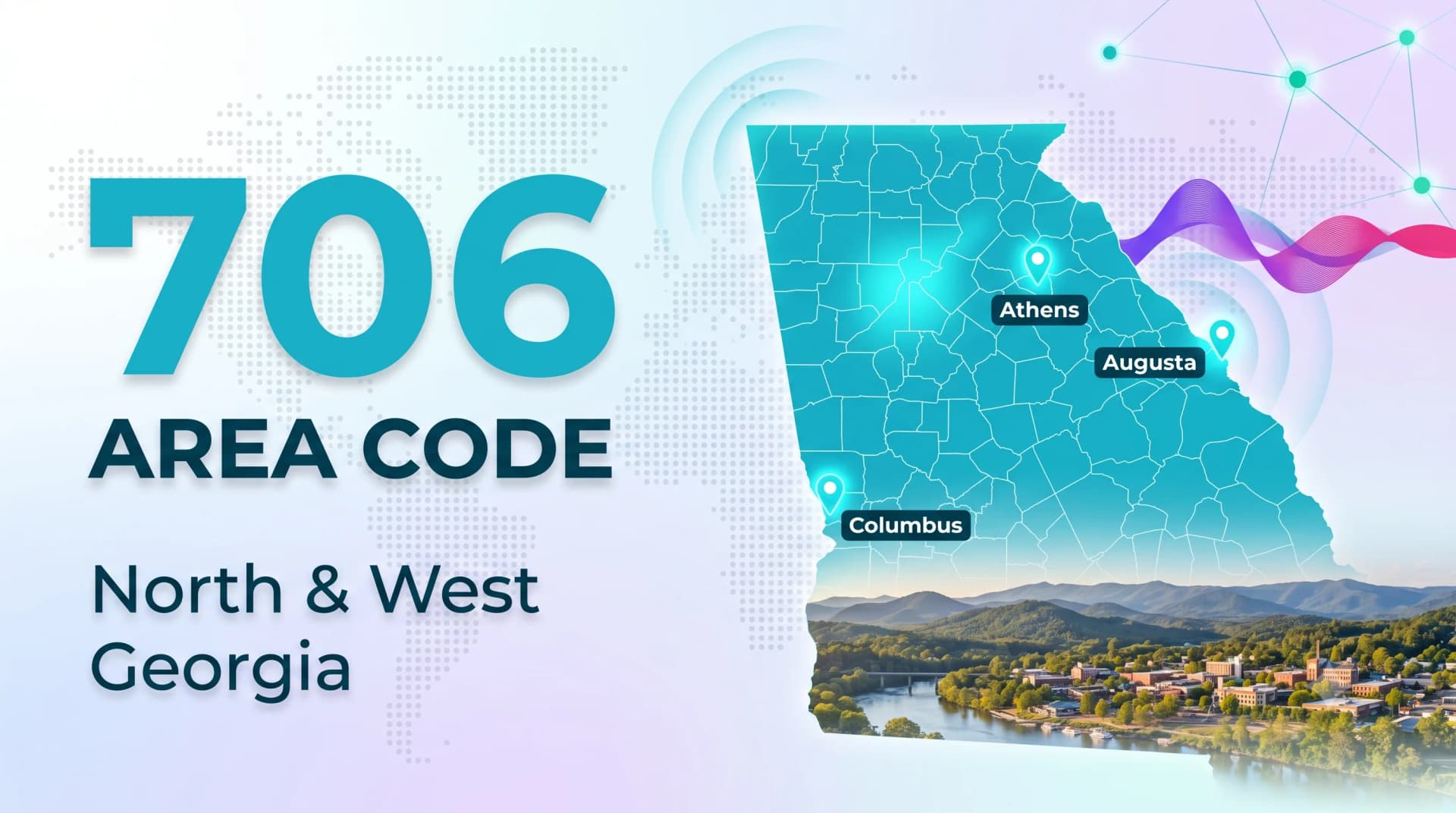 706 area code infographic covering North and West Georgia, with Athens, Augusta and Columbus marked on a state map