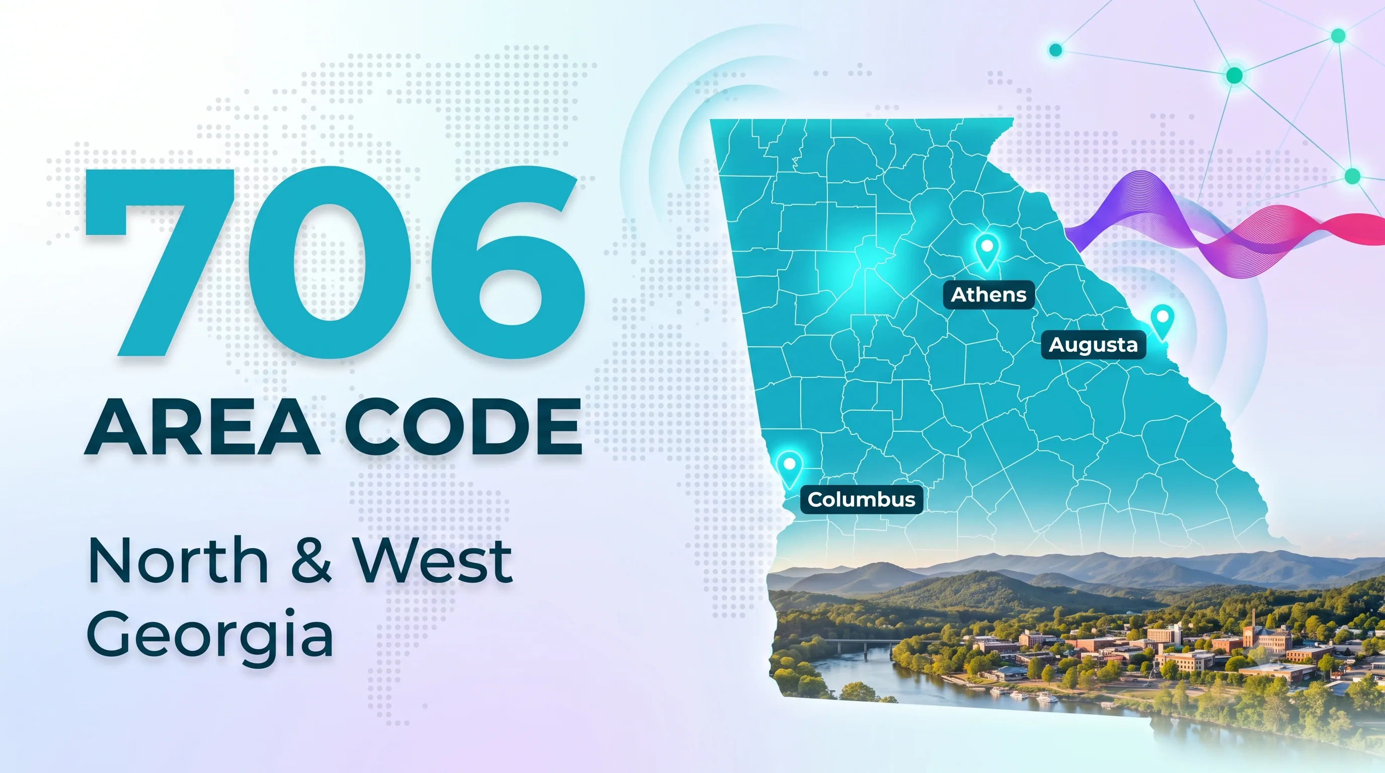 706 area code infographic covering North and West Georgia, with Athens, Augusta and Columbus marked on a state map