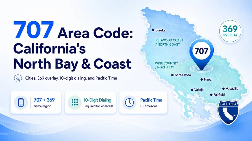 707 Area Code: California's North Bay and Coast guide showing cities, the 369 overlay, 10-digit dialing, and Pacific Time