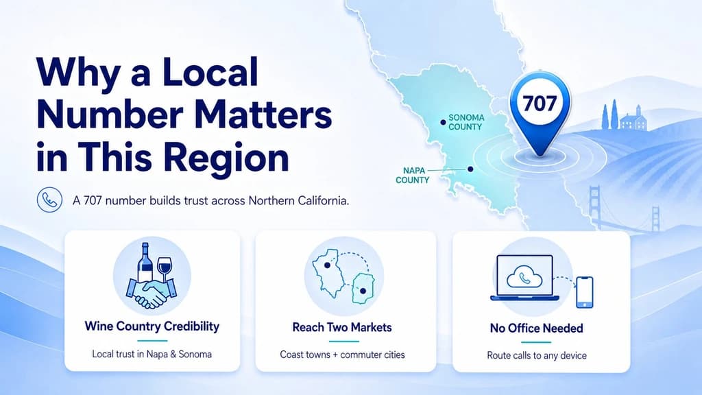Why a local number matters in this region: a 707 number builds trust across Northern California with Wine Country credibility, reaching two markets, and no office needed