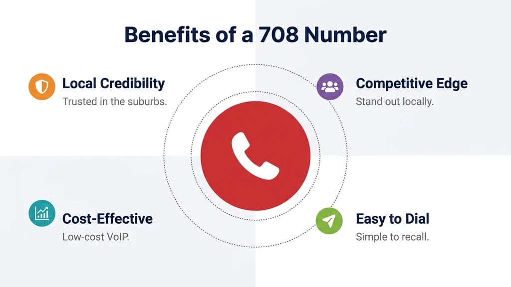 Center-circle diagram titled Benefits of a 708 Number, with four labeled quadrants: local credibility, competitive edge, cost-effective, easy to dial, arranged around a central icon