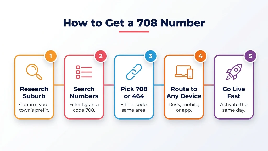 Five-step numbered icon row titled How to Get a 708 Number, with steps: research suburb prefix, search available numbers, pick a 708 or 464 number, route to any device, go live fast