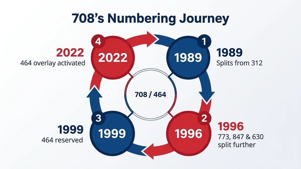 Circular flow chart with four connected arrow stages titled 708's Numbering Journey: 1989 splits from 312, 1996 773 and 847 and 630 split further, 1999 464 reserved, 2022 464 overlay activated