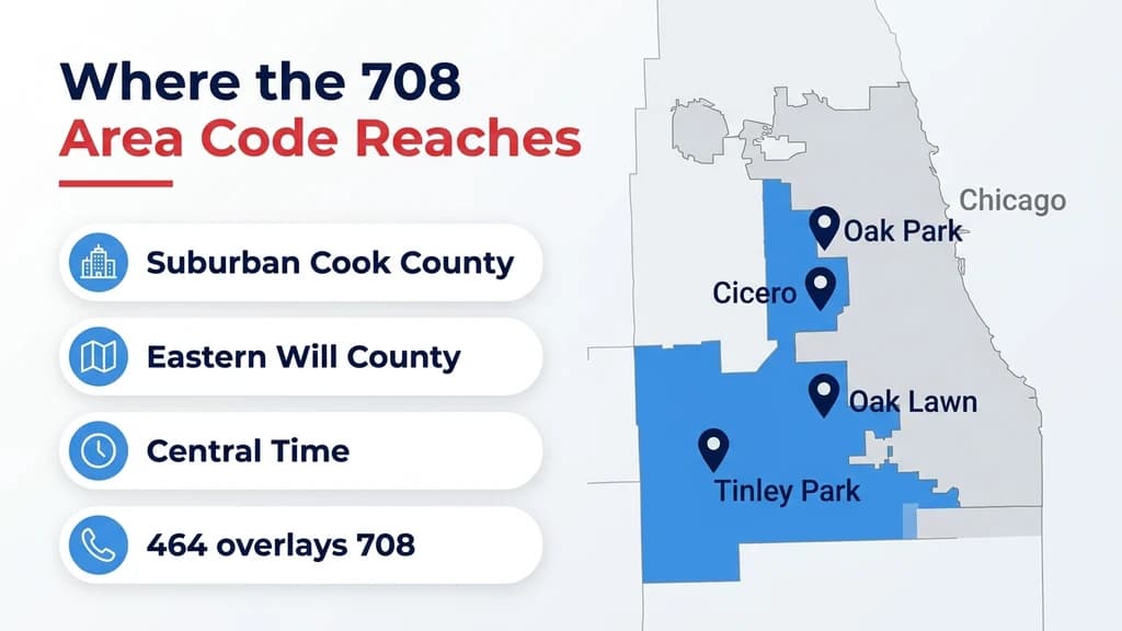 Map of Chicago's south and west suburbs with white rounded cards listing suburban Cook County, eastern Will County, Central Time, and 464 overlays 708, plus pins on Cicero, Oak Park, and Tinley Park