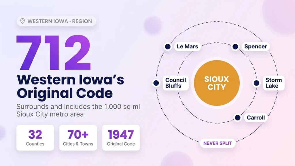 Orbital diagram centered on Sioux City with connected city nodes across western Iowa, next to stat panels showing counties, cities, and population