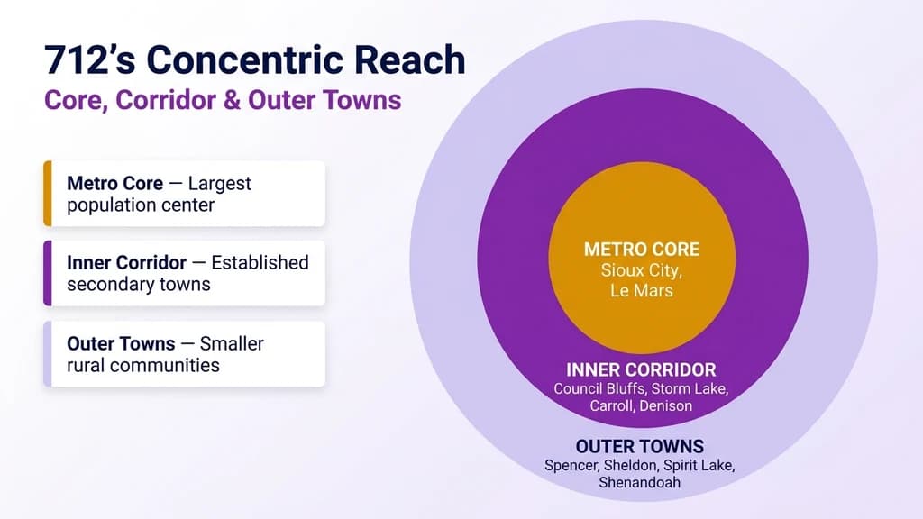 Concentric ring diagram centered on Sioux City with three labeled bands: metro core, inner corridor, and outer towns, each listing representative cities