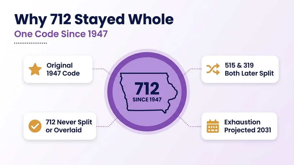 Circular diagram graphic titled Why 712 Stayed Whole, with western Iowa's outline inside a badge surrounded by cards for original 1947 code, no split ever, no overlay ever, and exhaustion projected 2031