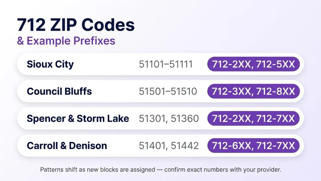 Table-style graphic titled 712 ZIP Codes and Prefixes, listing Sioux City, Council Bluffs, Spencer, and Carroll with their ZIP ranges and example 712 prefix patterns