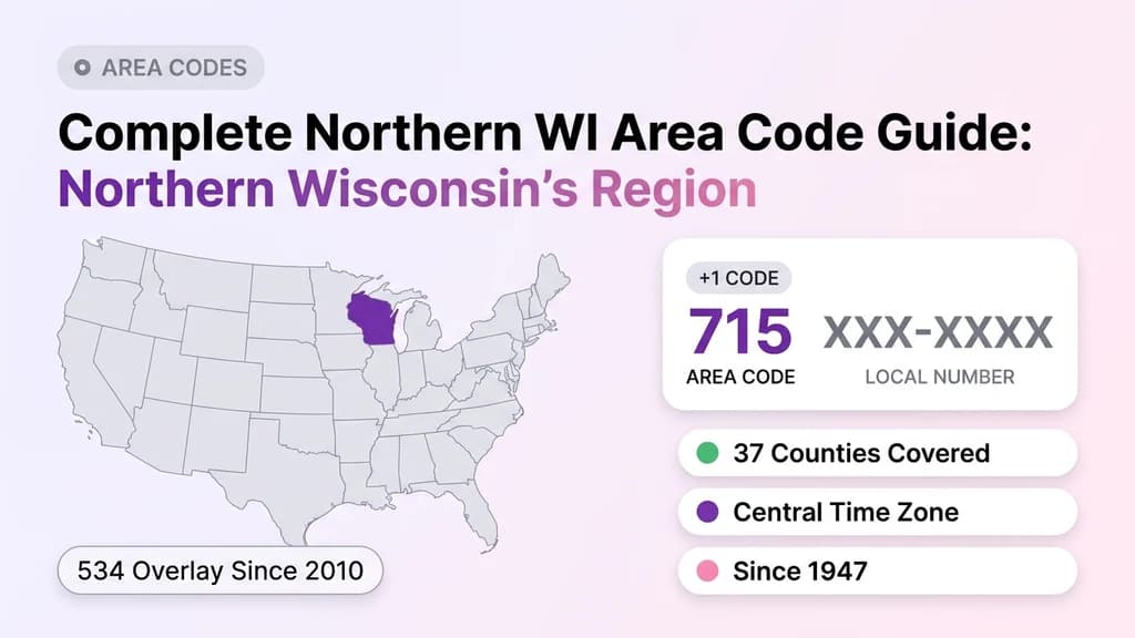 US map with Wisconsin highlighted and a 715 area code number card showing country code, area code, and local number format, next to activation and coverage stat pills