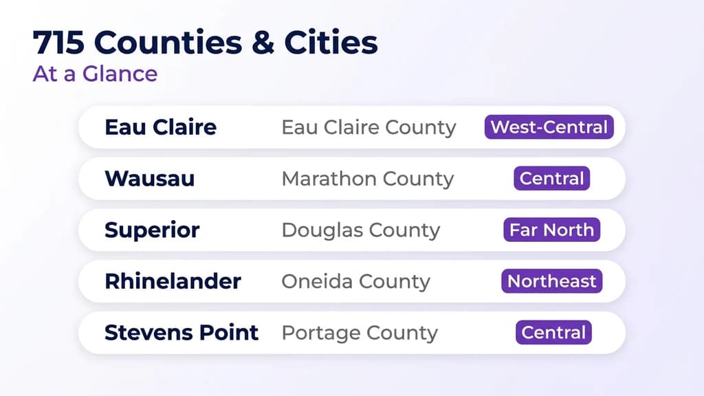 Table-style graphic titled 715 Counties and Cities at a Glance, listing Eau Claire, Wausau, Superior, Rhinelander, and Stevens Point with their county and region