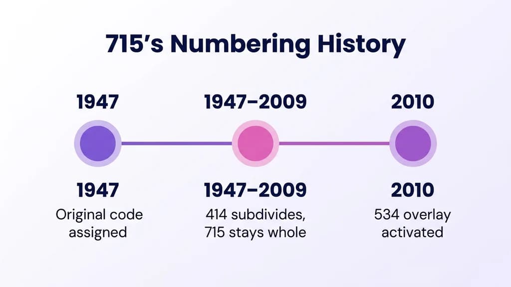 Circular timeline graphic titled 715's Numbering History with three milestones: 1947 original code assigned, later decades 414 subdivides while 715 stays whole, 2010 534 overlay activated