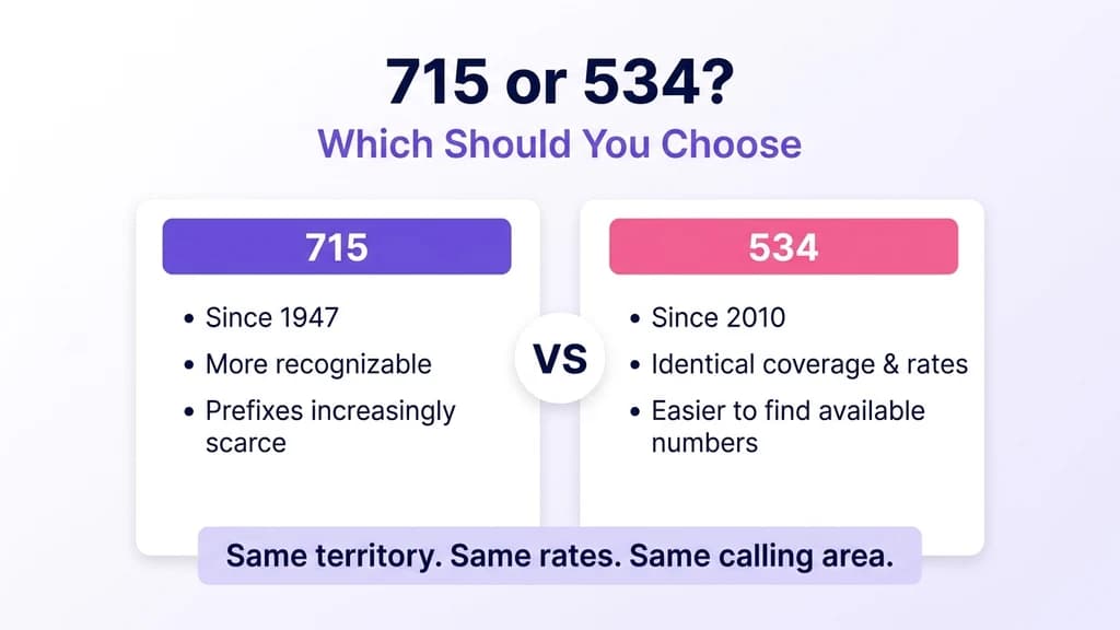 Side-by-side comparison graphic titled 715 or 534, Which Should You Choose, showing two matching cards with identical coverage, rates, and dialing rules, differing only in number availability