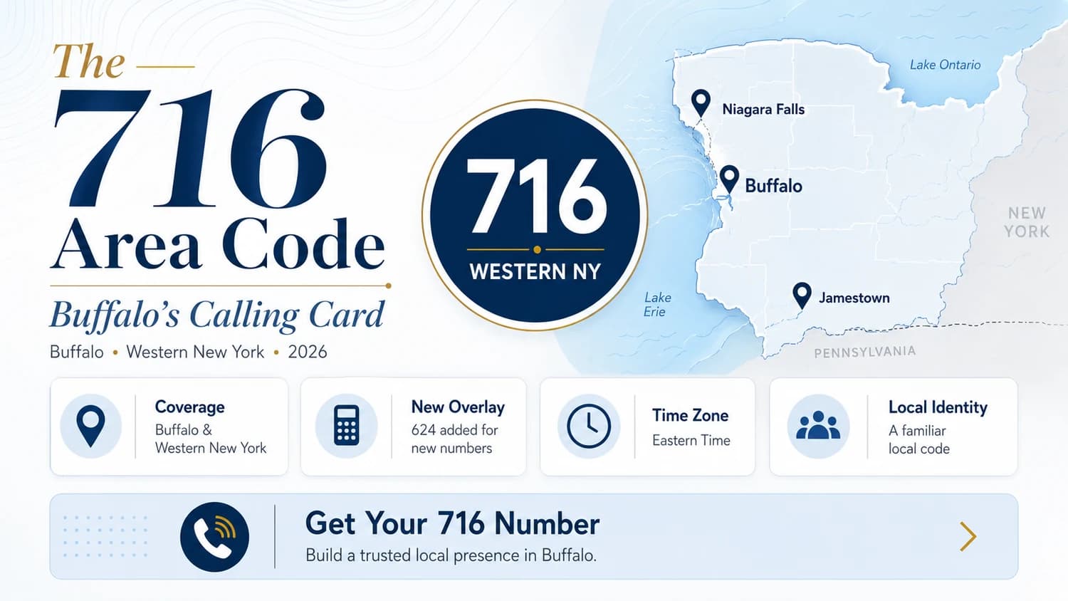 The 716 Area Code — Buffalo's Calling Card. Buffalo · Western New York · 2026. Coverage Buffalo & Western New York. New Overlay 624 added for new numbers. Eastern Time. Local Identity — a familiar local code. Map of Western New York showing pins for Niagara Falls, Buffalo, Jamestown along Lake Erie and Lake Ontario.