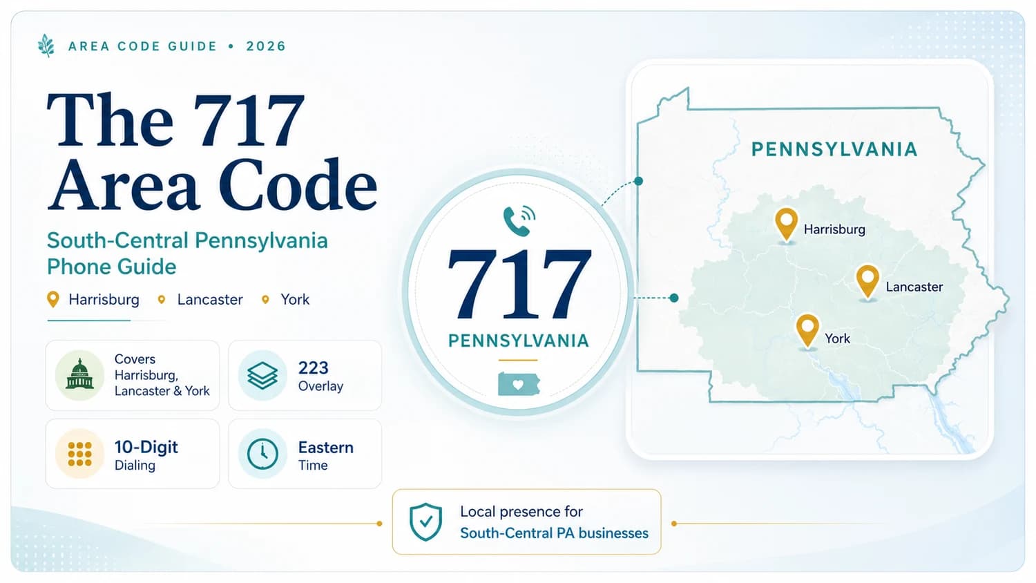 The 717 Area Code — South-Central Pennsylvania Phone Guide. Area Code Guide 2026. Harrisburg, Lancaster, York. Covers Harrisburg, Lancaster and York. 223 overlay. 10-digit dialing. Eastern Time. Pennsylvania state outline showing three pin markers at Harrisburg, Lancaster, and York. Local presence for South-Central PA businesses.