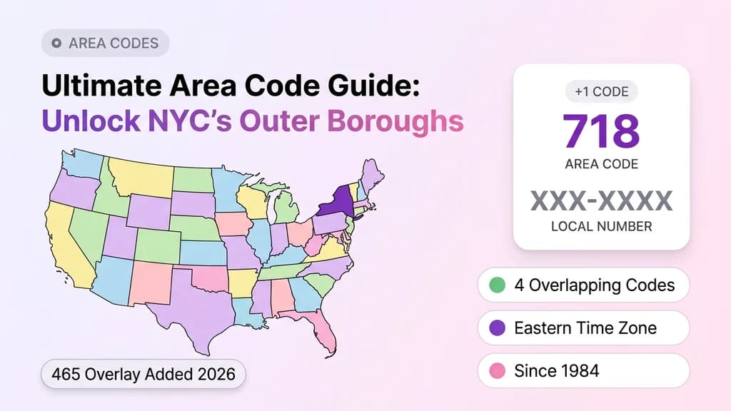 US map with New York highlighted and a 718 area code number card showing country code, area code, and local number format, next to coverage and overlay stat pills