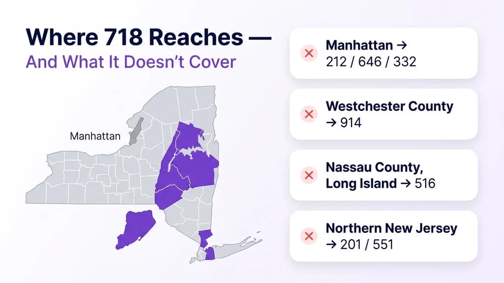 US map with New York highlighted and NYC's outer boroughs marked, next to a list of area codes 718 does not cover including Manhattan, Westchester, and New Jersey