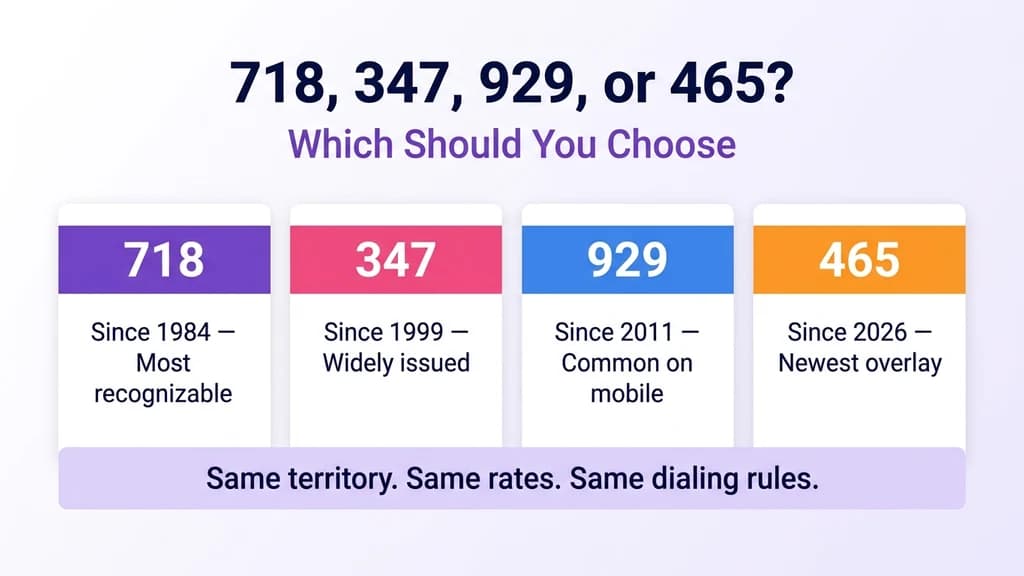 Four-column comparison graphic titled 718, 347, 929, or 465, Which Should You Choose, showing matching cards for each code with identical coverage but different launch years