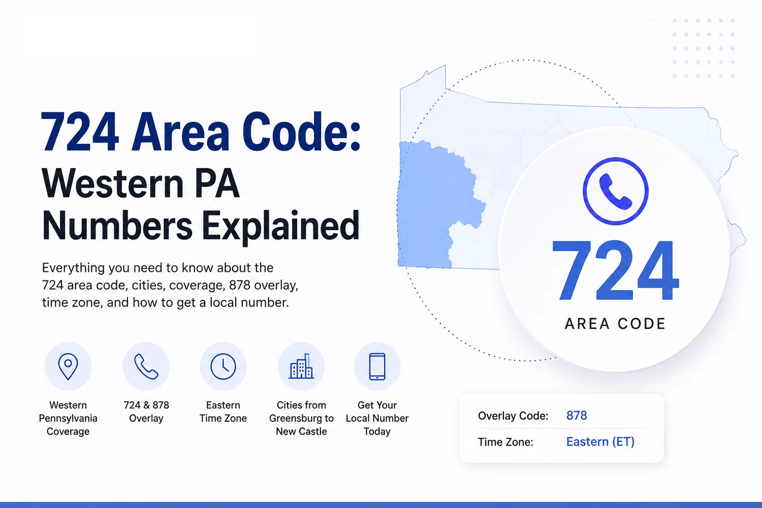 724 Area Code · Western PA Numbers Explained. Area Code Guide 2026. Western Pennsylvania coverage, 724 & 878 overlay, Eastern Time Zone, cities from Greensburg to New Castle. Overlay code 878. Time zone Eastern ET.