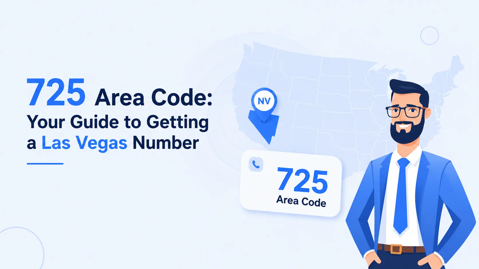 725 area code infographic showing the Las Vegas Strip skyline at night, the 702 original code, and the 725 overlay covering Clark County, Nevada