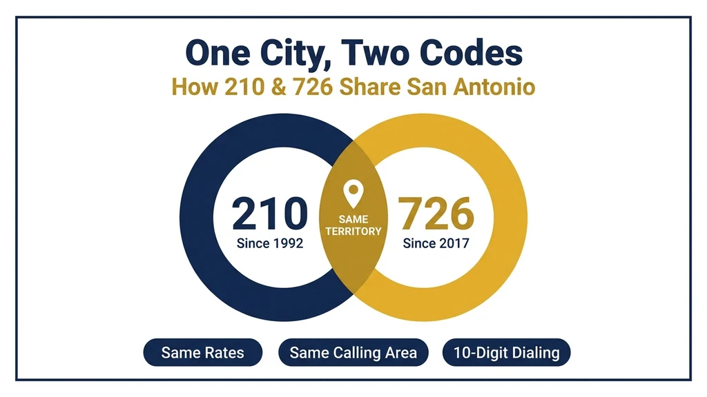 Diagram showing 210 and 726 as two interlocking rings over one San Antonio map, labeled one city, two codes, same rates