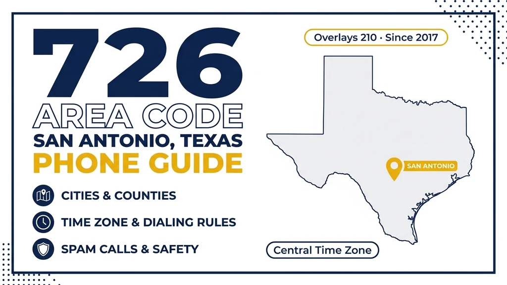 Navy and gold phone guide banner with a Texas silhouette pinned on San Antonio and bullet rows for cities, dialing rules, and spam safety