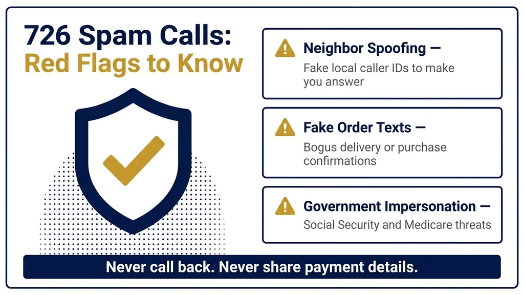 Navy and gold red-flags graphic listing neighbor spoofing, fake delivery texts, and government impersonation as the top 726 spam patterns, with a shield icon